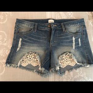 Cut Off Denim Shorts with Lace Trim